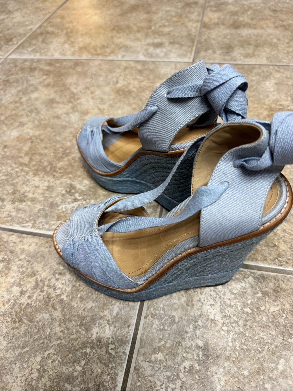 SCHUTZ Light Blue Denim Peep-Toe Wedge Sandals with Ankle Wraps - Picture 4 of 11